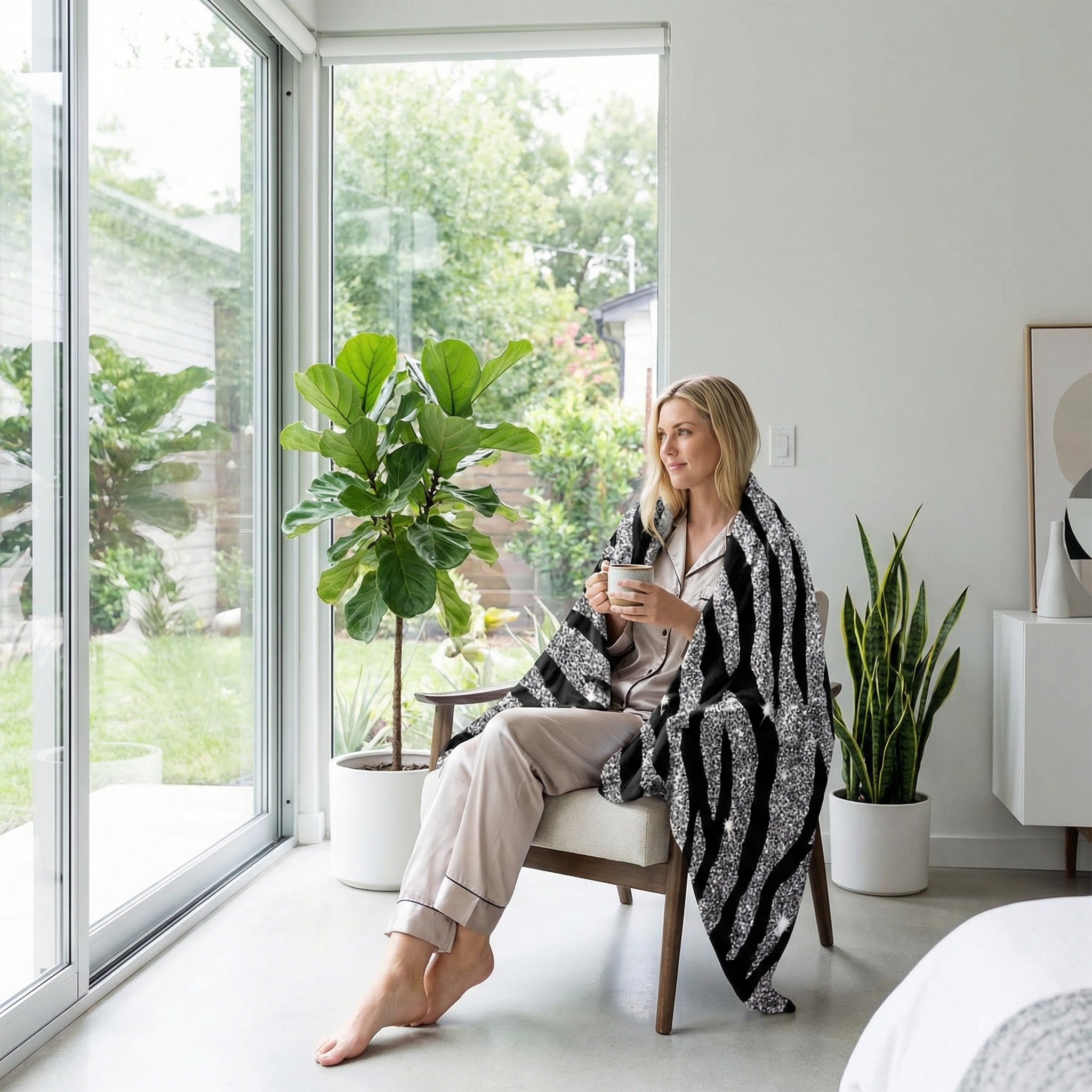Blonde woman wrapped in a black and silver zebra pattern flannel blanket, holding a mug, looking out a window.