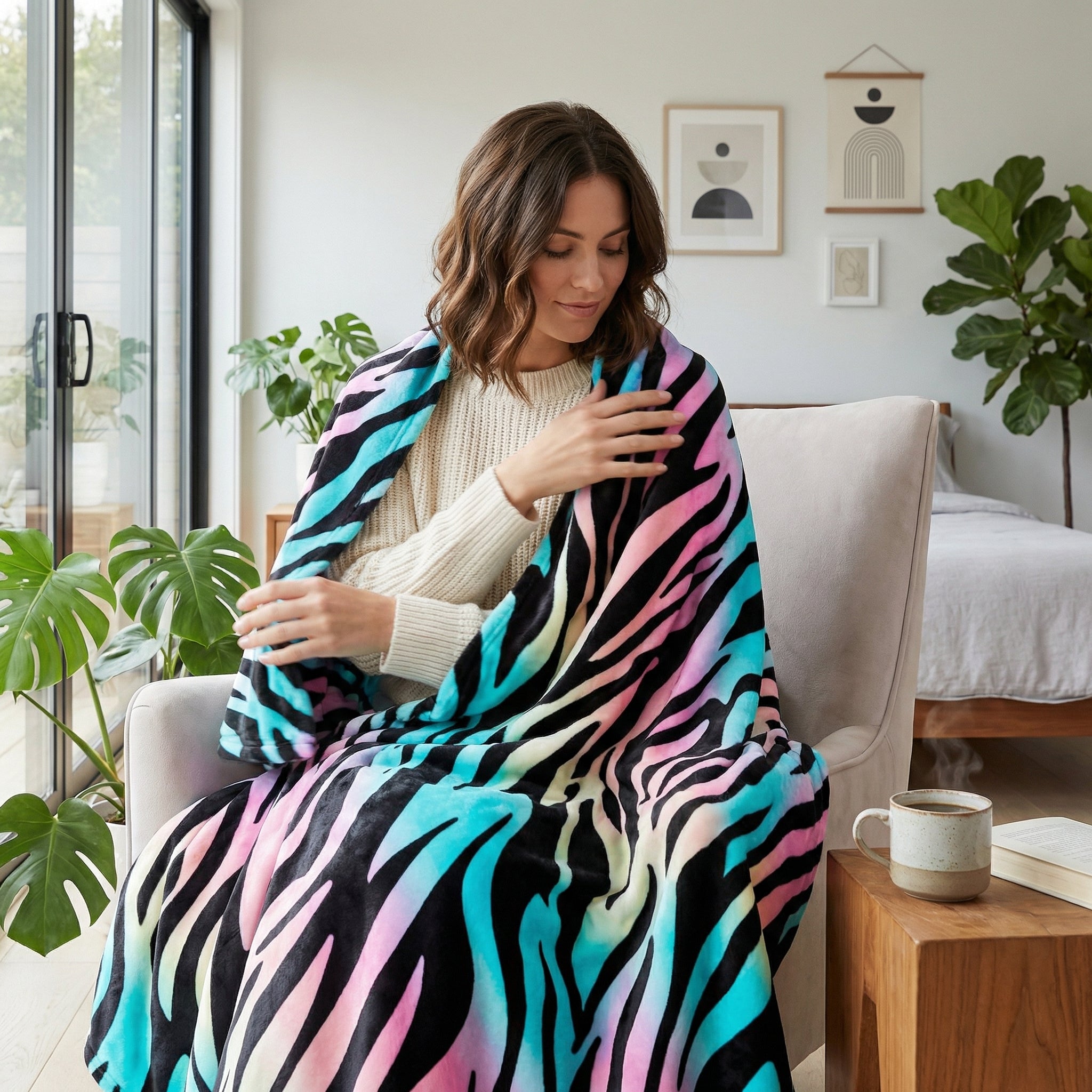 Woman wrapped in a colorful zebra pattern flannel blanket, featuring vibrant pink, blue, and black stripes.