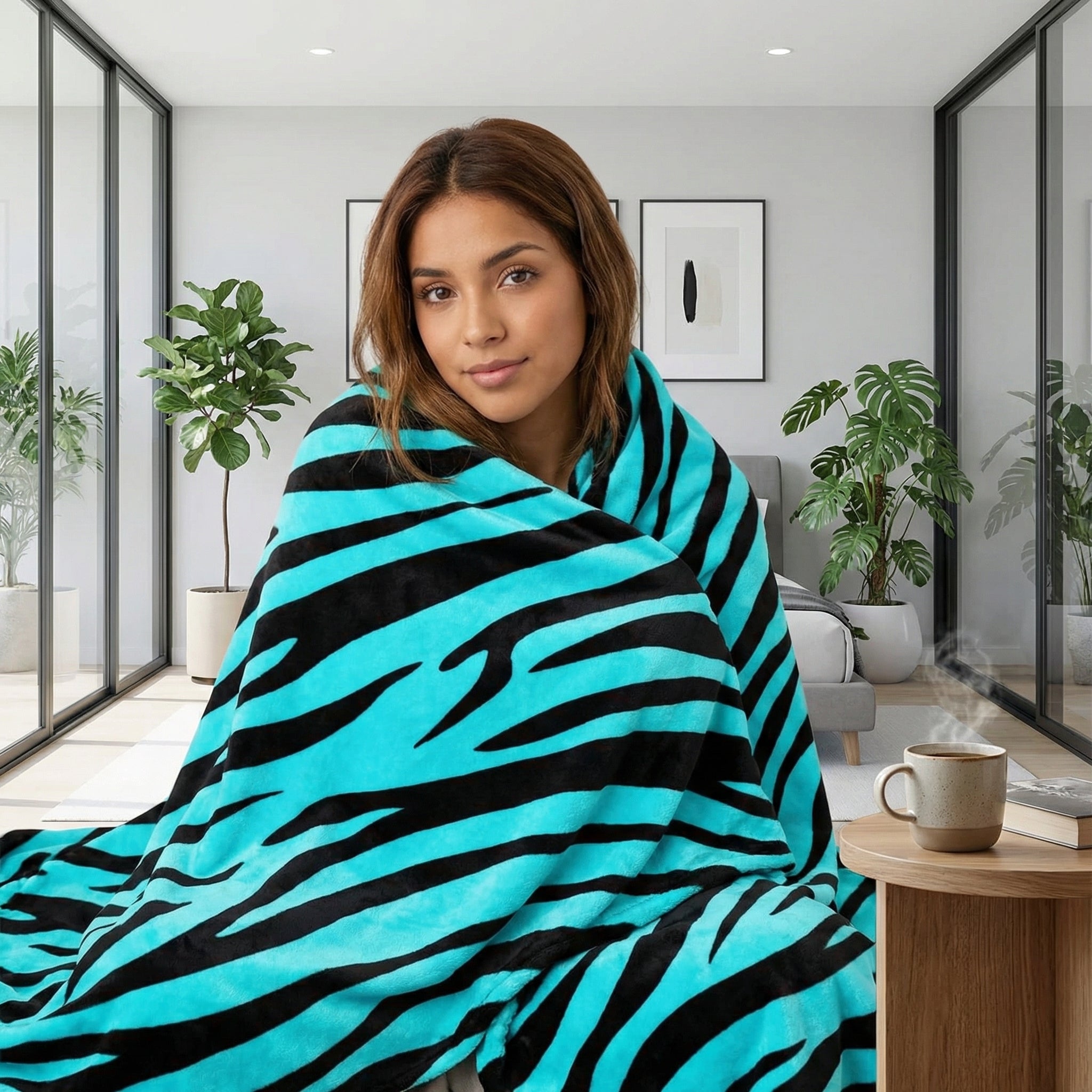 Woman wrapped in a soft, reversible teal and black zebra pattern flannel blanket.