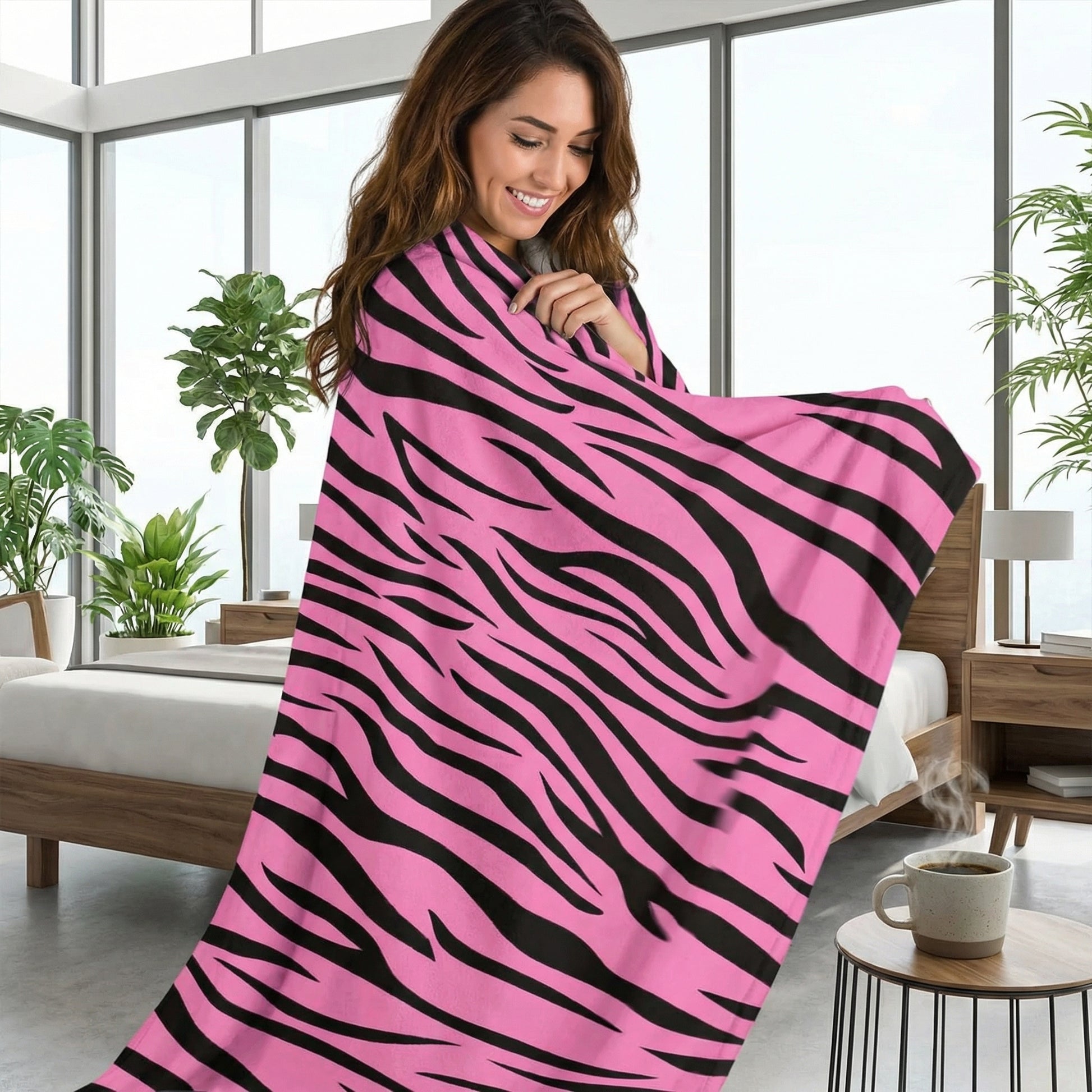 Smiling woman wrapped in a soft pink flannel blanket with bold black zebra stripes, in a modern bedroom.