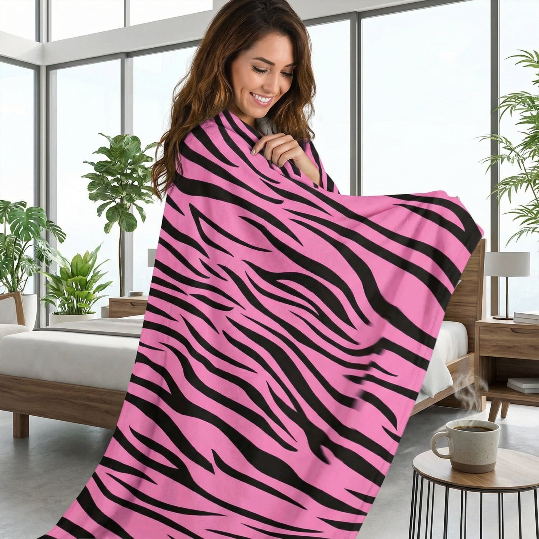 Smiling woman wrapped in a soft pink flannel blanket with bold black zebra stripes, in a modern bedroom.