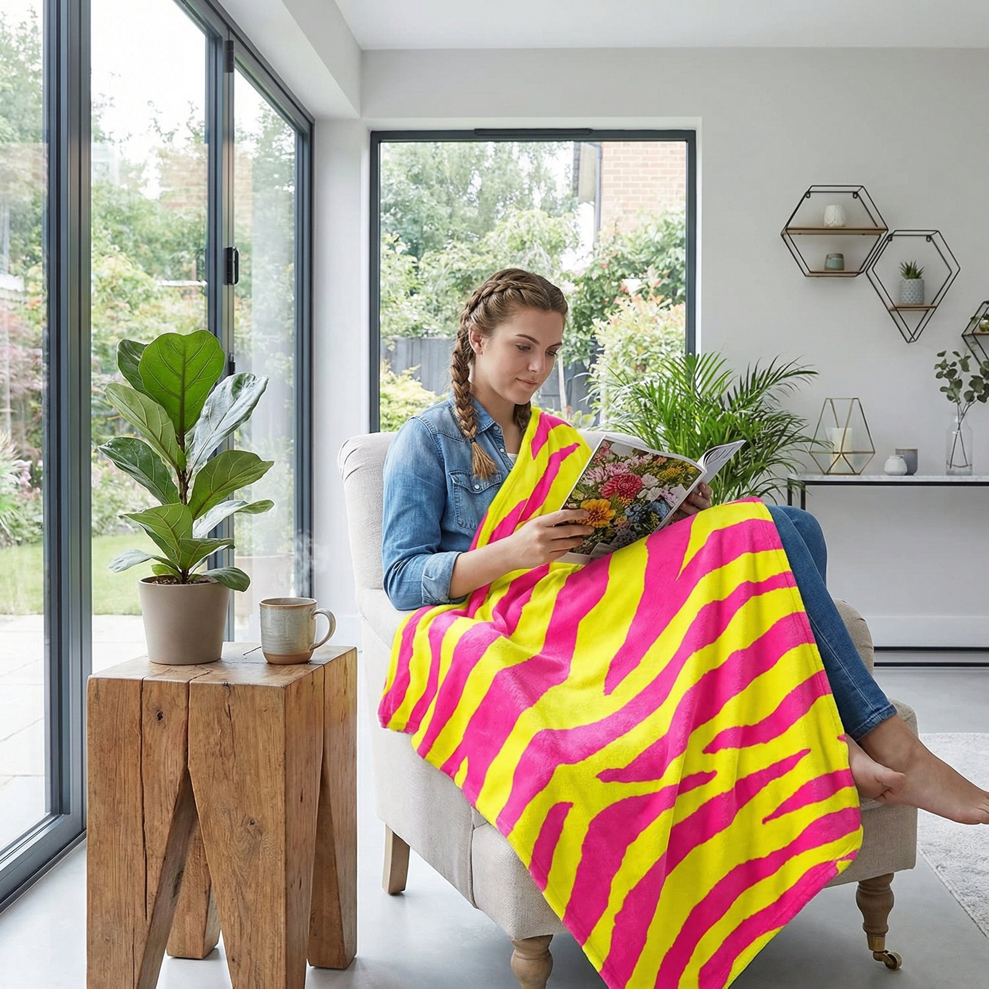 Woman relaxing in a chair, covered by a vibrant pink and yellow zebra pattern flannel blanket.