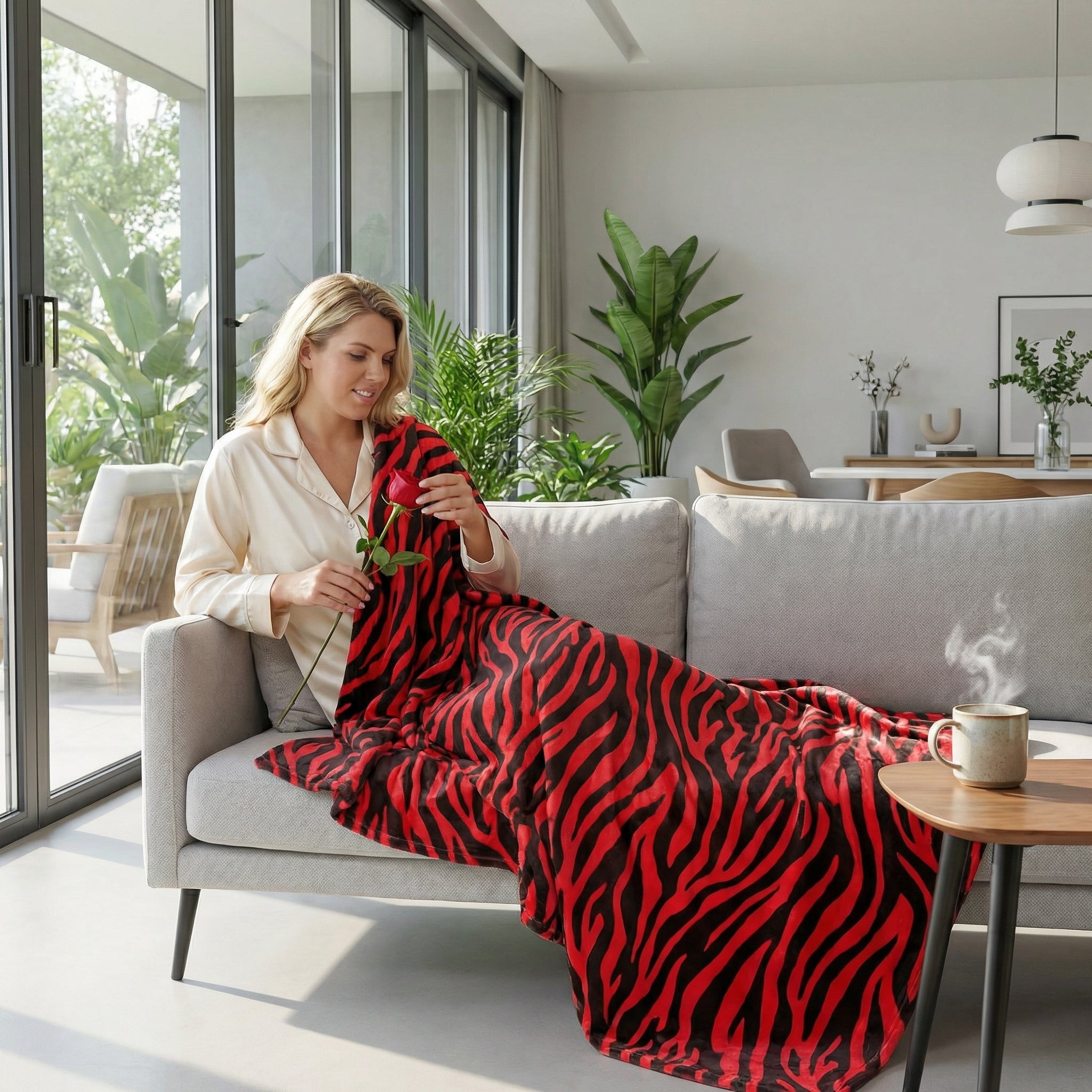 Woman on a sofa with a red and black zebra pattern flannel blanket, holding a red rose.