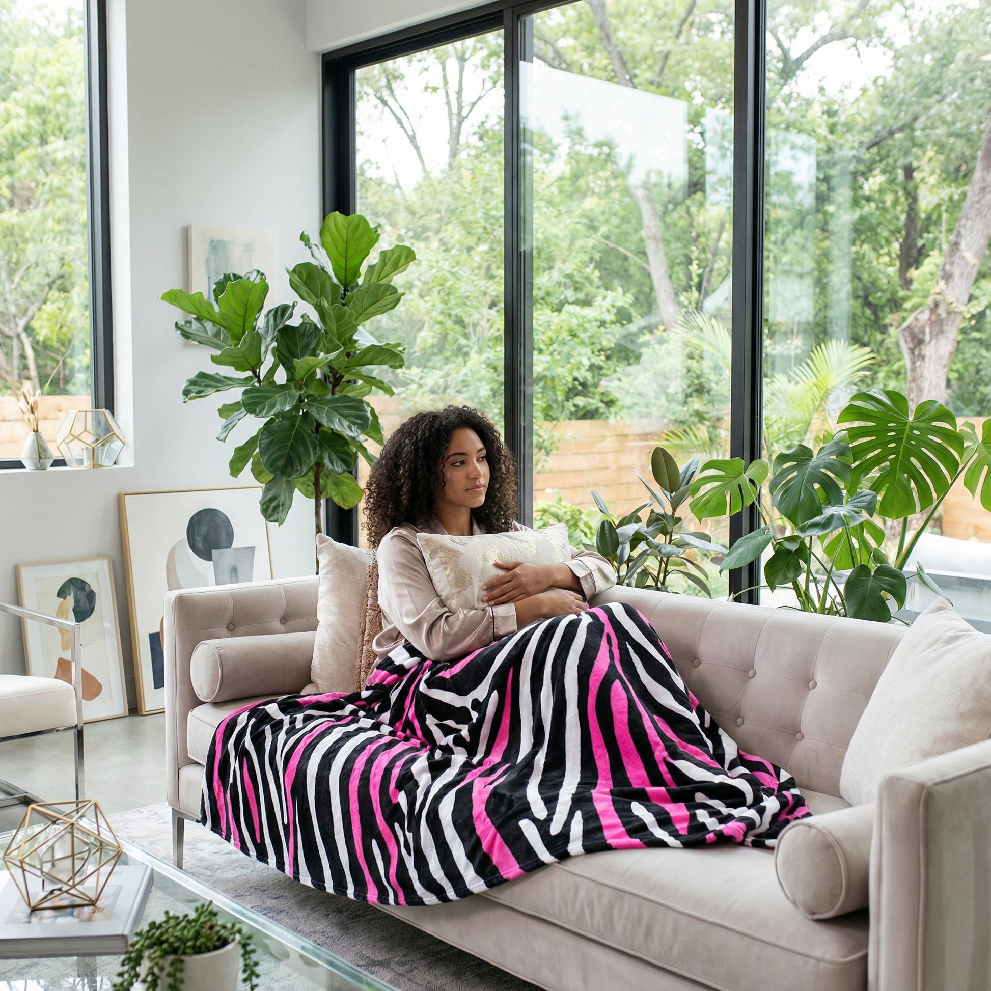 Woman on a beige sofa covered with a soft, pink and black zebra pattern flannel blanket.