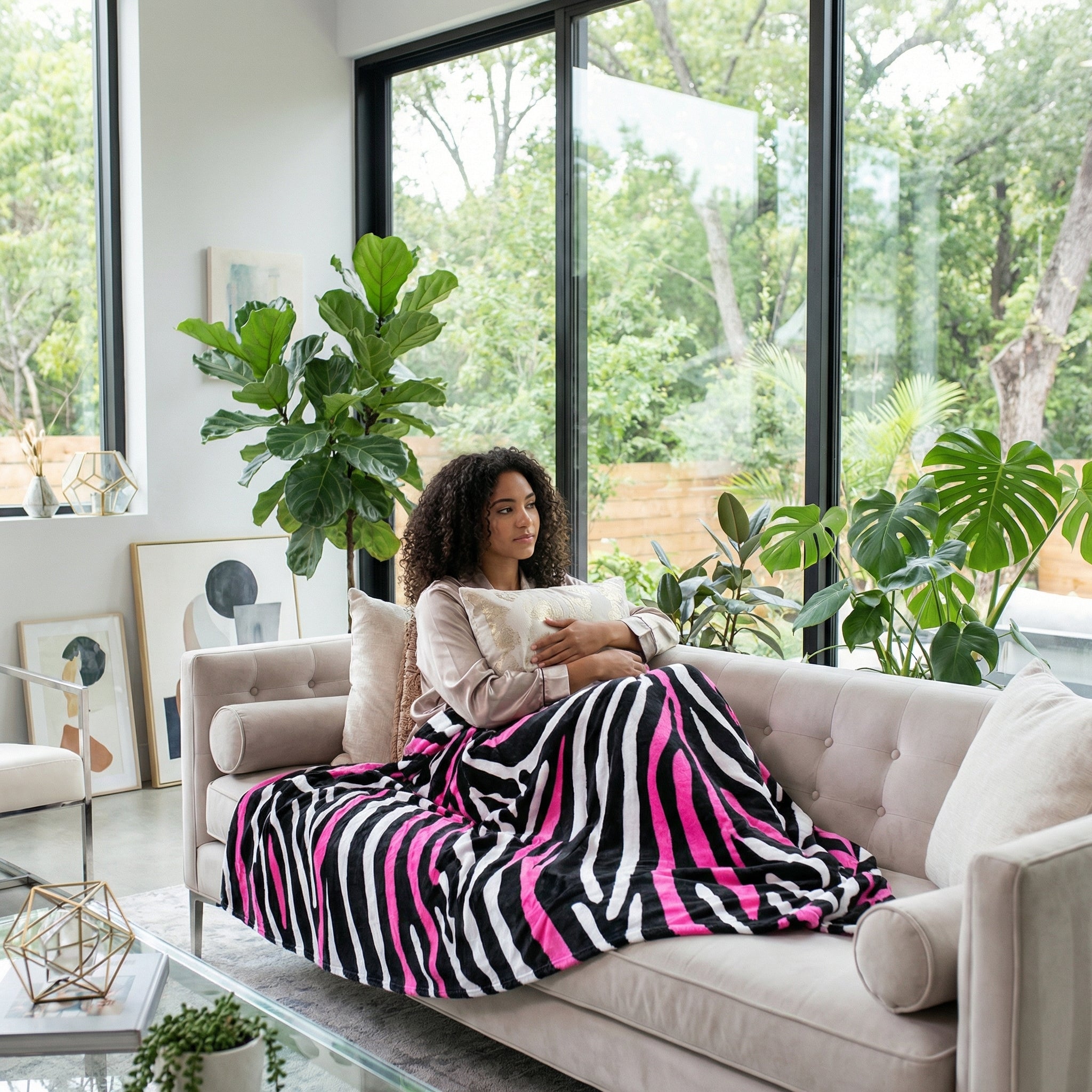 Woman on a beige sofa covered with a soft, pink and black zebra pattern flannel blanket.