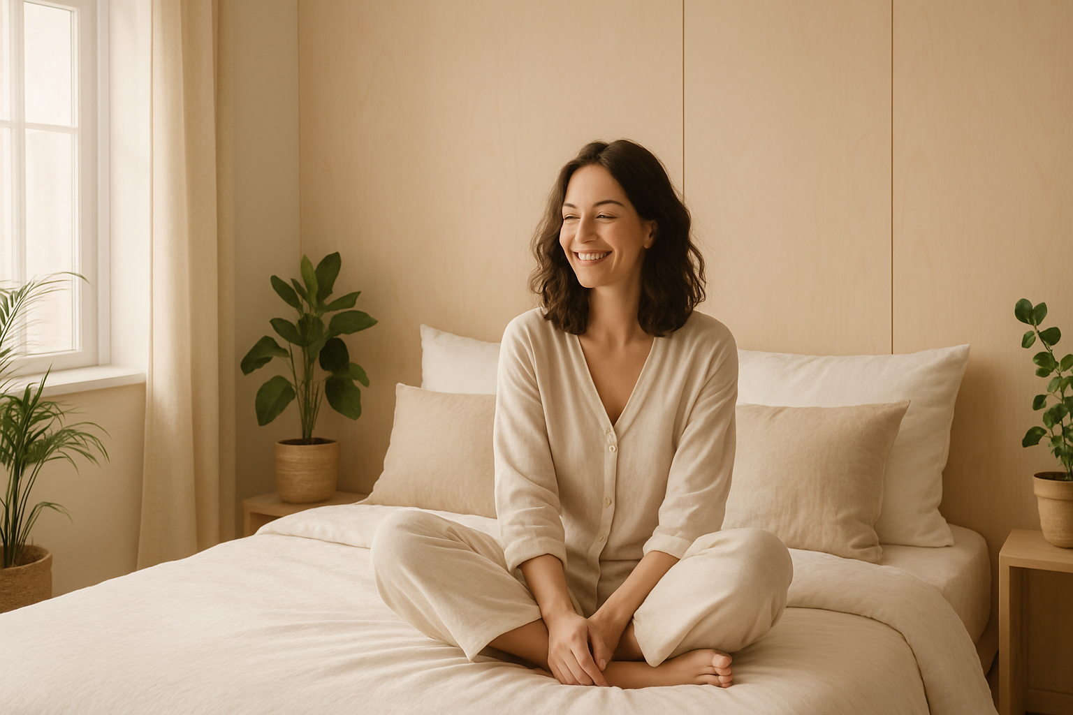 “A cozy minimalist bedroom scene with neutral beige and white tones, sunlight streaming softly through the window, a smiling woman sitting on a neatly made bed with white bedding and beige pillows, surrounded by indoor plants and light wood walls, styled like a Scandinavian interior. Natural lighting, calm and elegant composition, perfect for a website hero banner for a bedding 16:9 ratio, ultra realistic, professional photography look.”