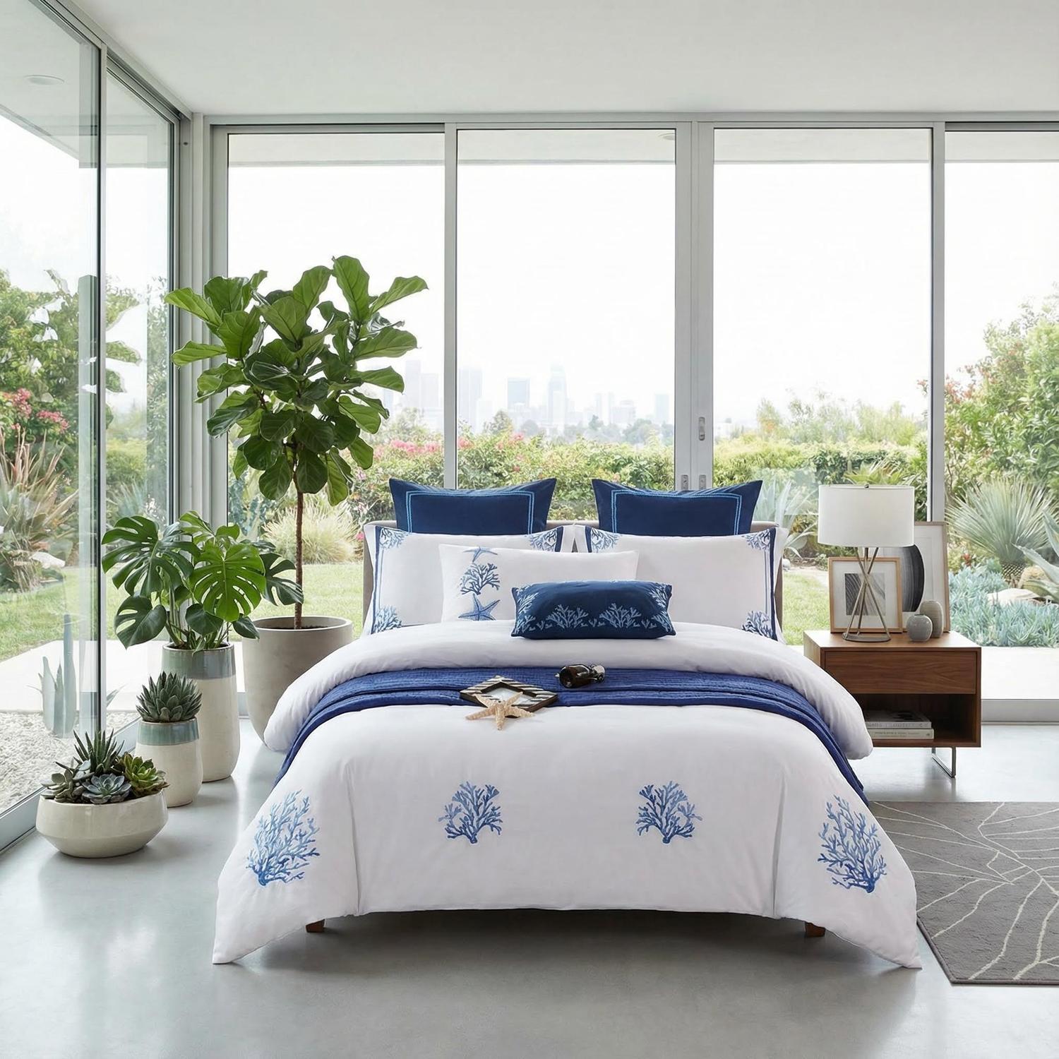 Chic Blue Coral Embroidery Bedding Set - Soft Egyptian Cotton Duvet Covers and Pillowcases