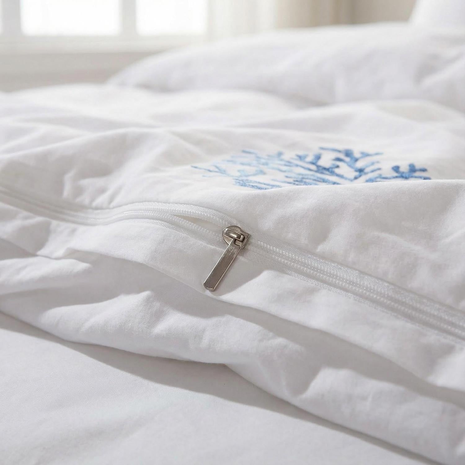 Chic Blue Coral Embroidery Bedding Set - Soft Egyptian Cotton Duvet Covers and Pillowcases