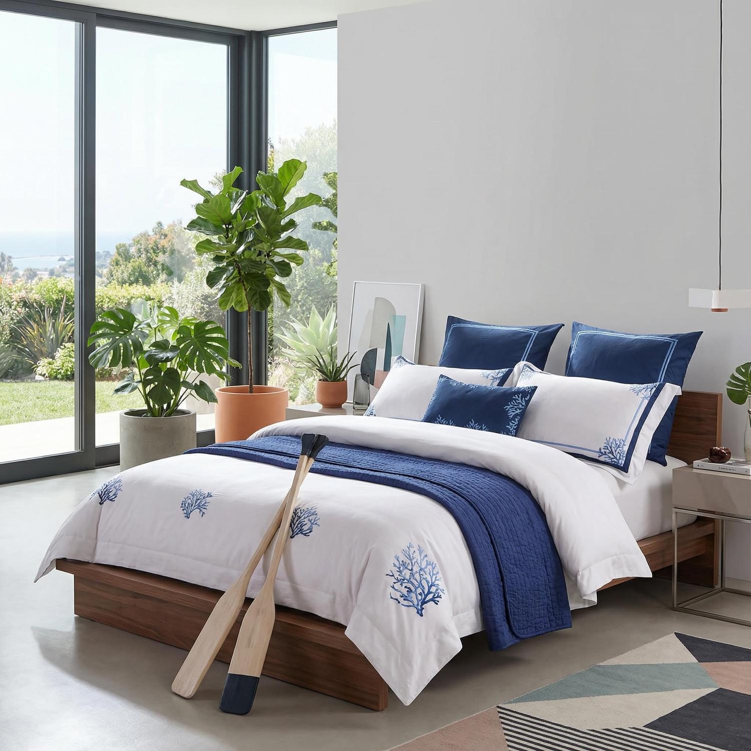 Chic Blue Coral Embroidery Bedding Set - Soft Egyptian Cotton Duvet Covers and Pillowcases