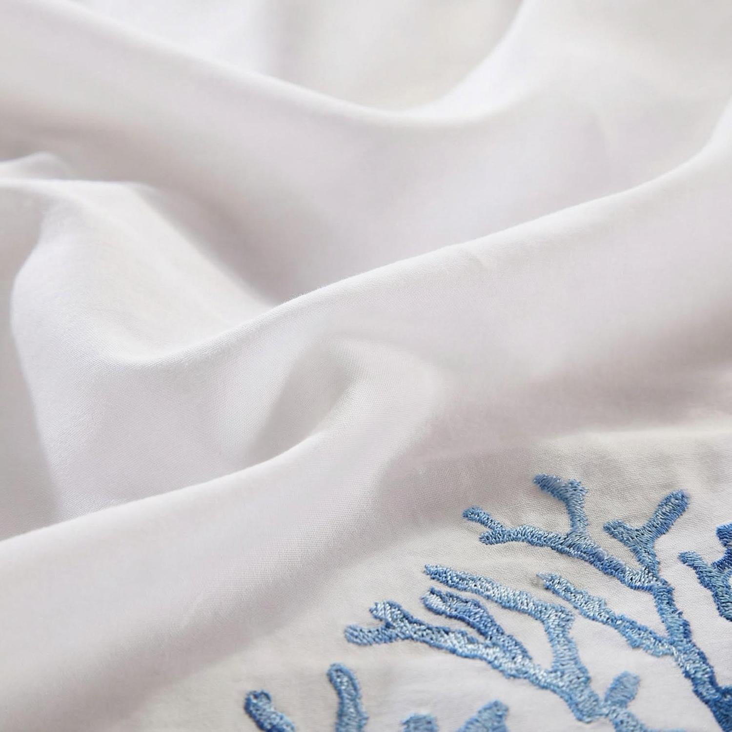 Chic Blue Coral Embroidery Bedding Set - Soft Egyptian Cotton Duvet Covers and Pillowcases