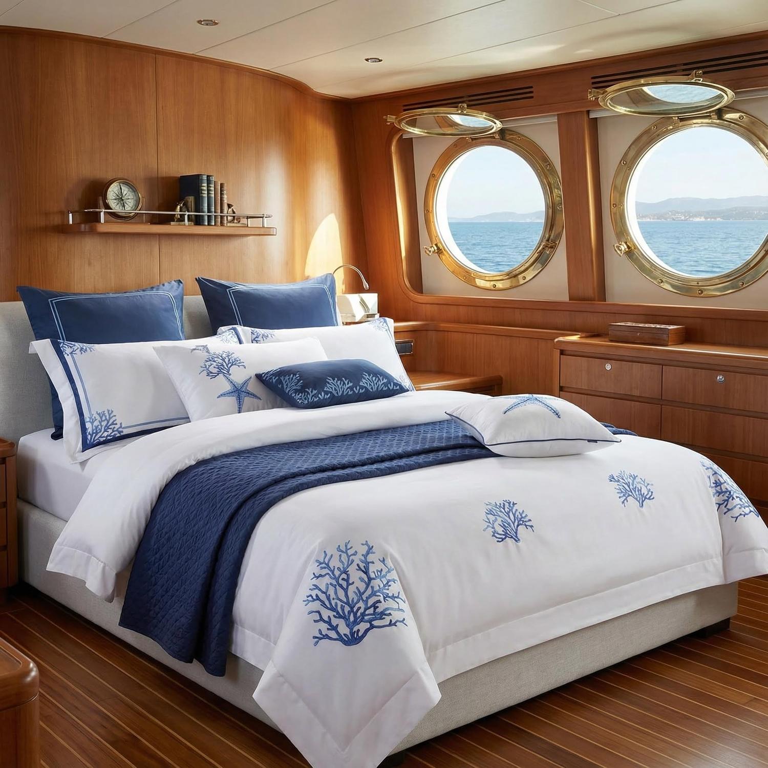 Chic Blue Coral Embroidery Bedding Set - Soft Egyptian Cotton Duvet Covers and Pillowcases