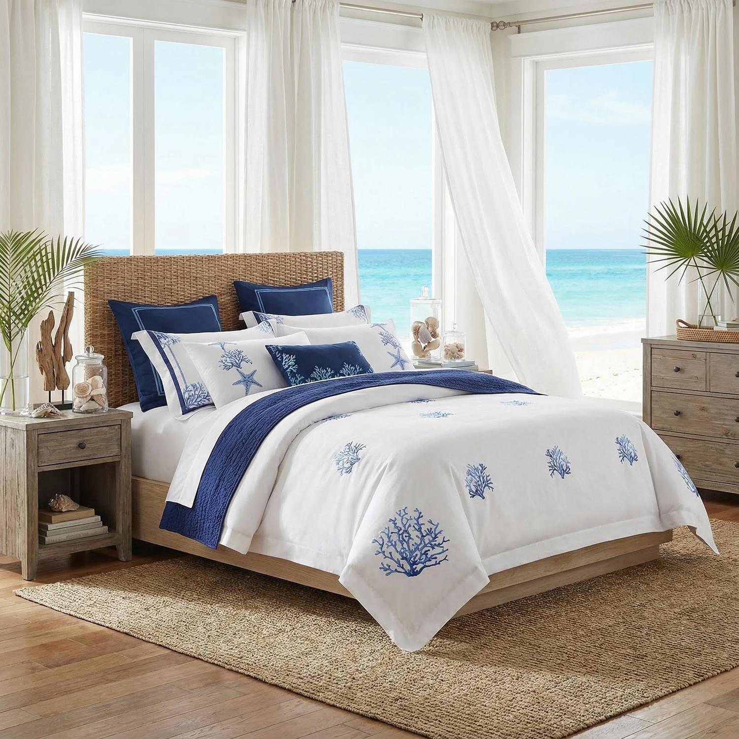 Chic Blue Coral Embroidery Bedding Set - Soft Egyptian Cotton Duvet Covers and Pillowcases