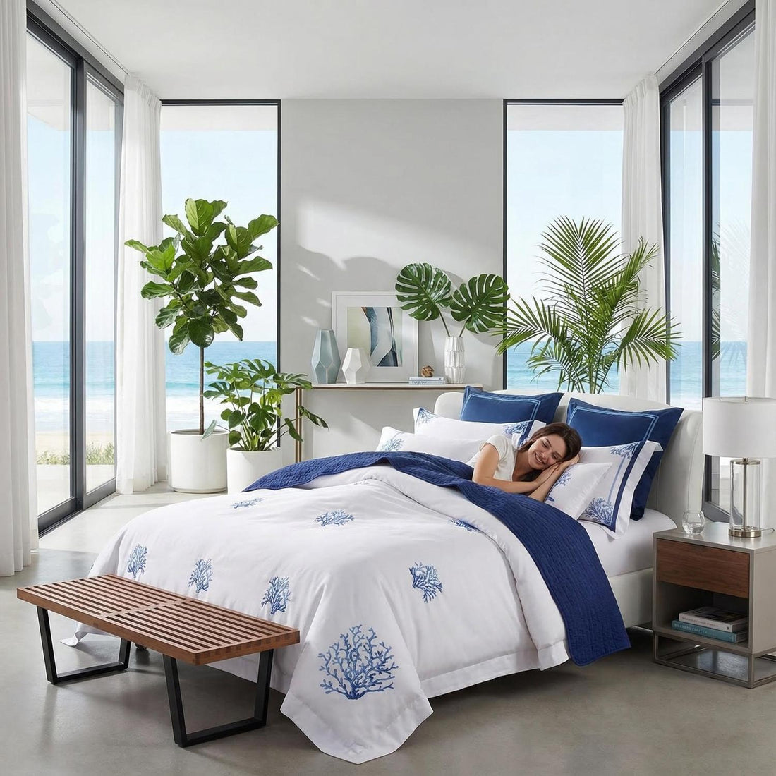 Chic Blue Coral Embroidery Bedding Set - Soft Egyptian Cotton Duvet Covers and Pillowcases