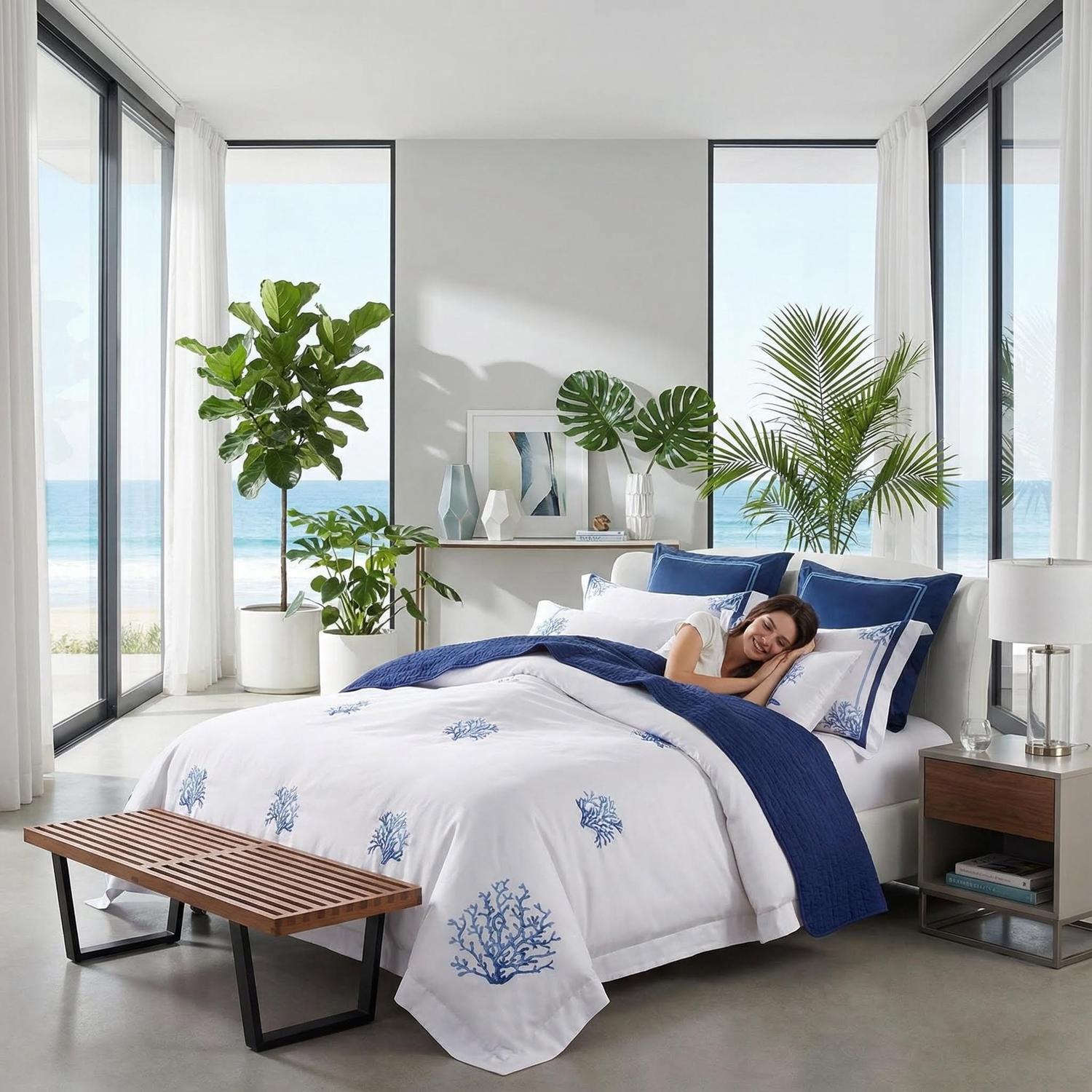 Chic Blue Coral Embroidery Bedding Set - Soft Egyptian Cotton Duvet Covers and Pillowcases