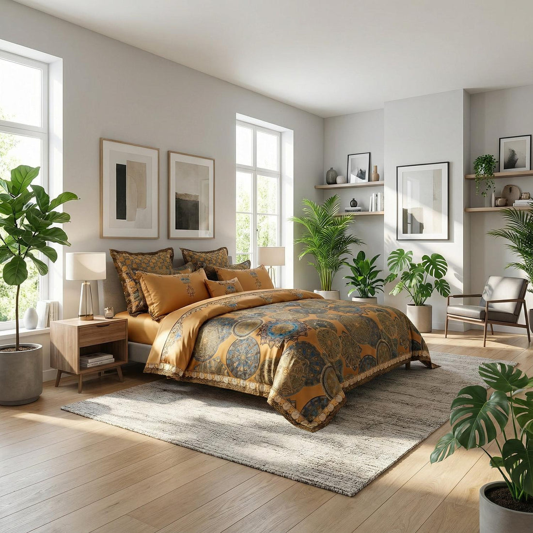 Feline of Egypt Embroidered Satin Cotton Bedding Set