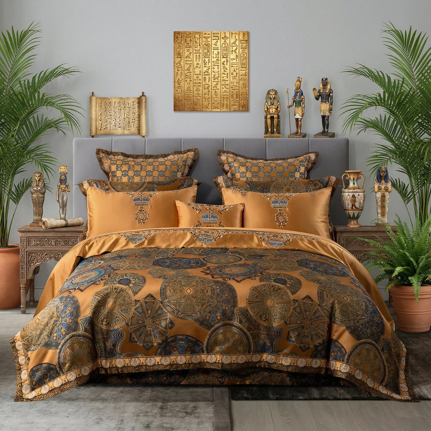 Feline of Egypt Embroidered Satin Cotton Bedding Set