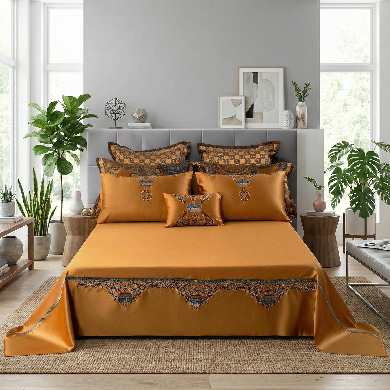 Feline of Egypt Embroidered Satin Cotton Bedding Set