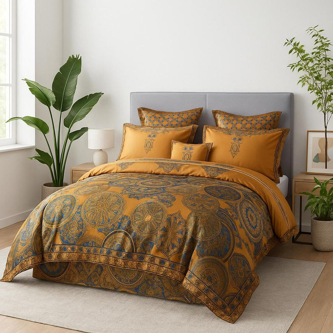 Feline of Egypt Embroidered Satin Cotton Bedding Set