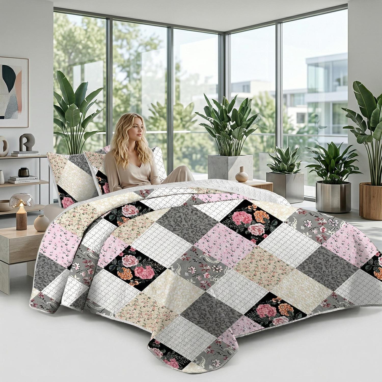 Geometric Flower Grids Quilt Set