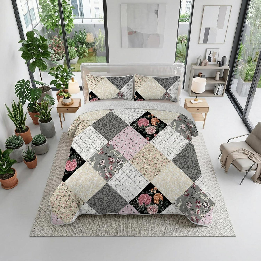 Geometric Flower Grids Quilt Set