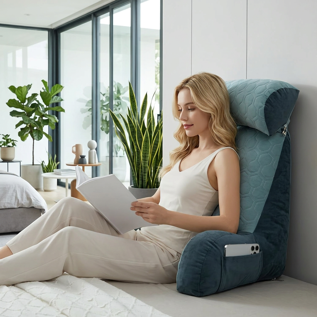 Silk Reading Pillow with Pockets - Backrest Pillow for Bed