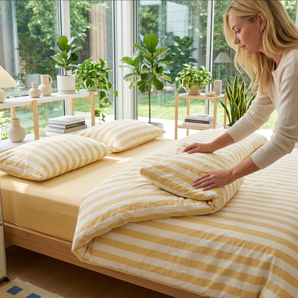 Cotton Crepe Striped Quilt Set