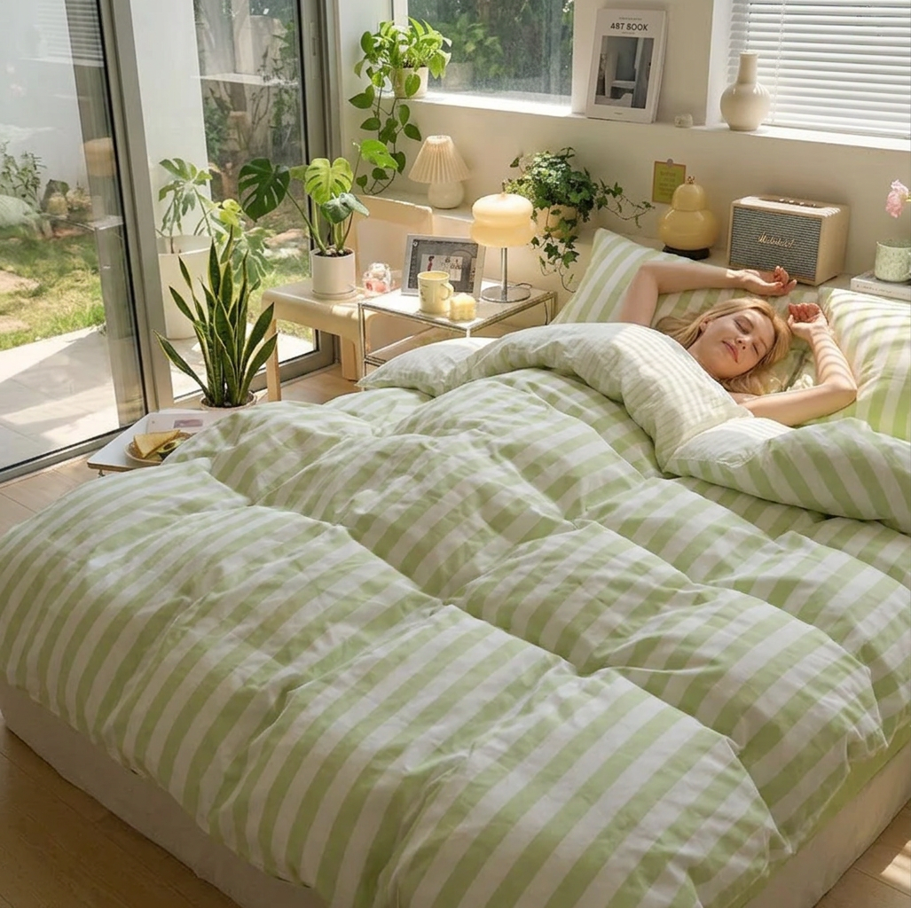 Cotton Crepe Striped Quilt Set