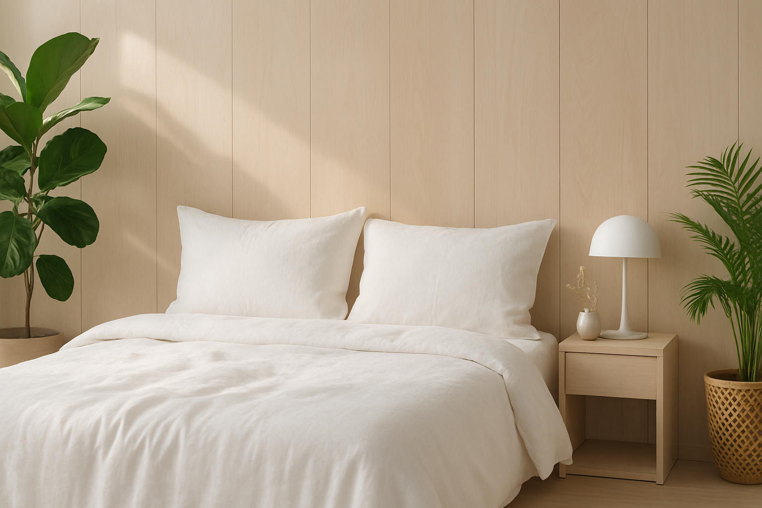 “Modern minimalist bedroom interior with white linen bedding, light wood wall paneling, green houseplants, soft morning light, and elegant lifestyle decor. Include subtle shadows and soft highlights to create a fresh, inviting atmosphere for a bedding brand banner image. Professional studio lighting, 16:9 ratio, high resolution.”