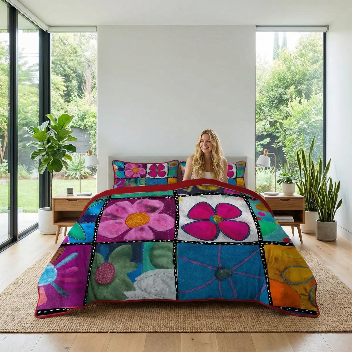 Multi Floral Printed Quilt Set