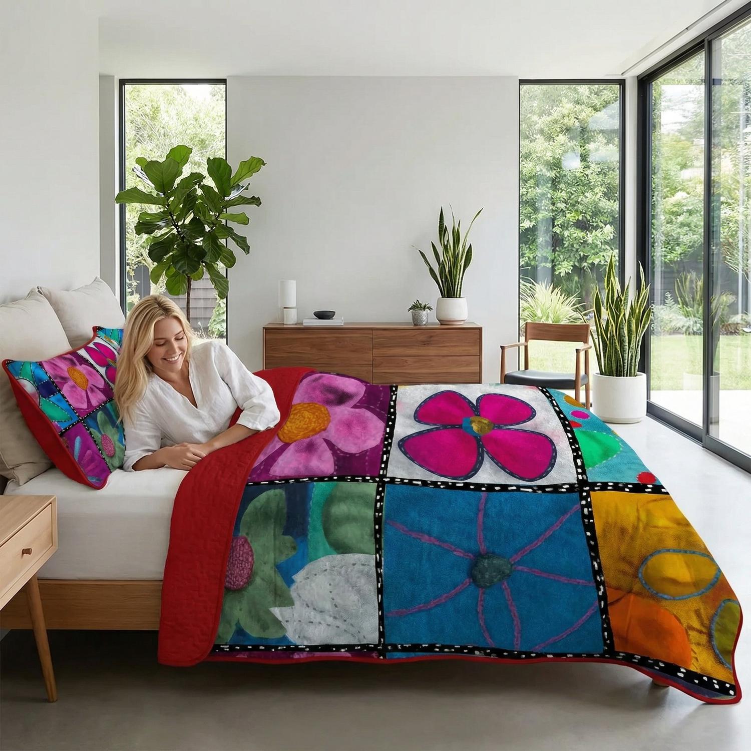 Multi Floral Printed Quilt Set