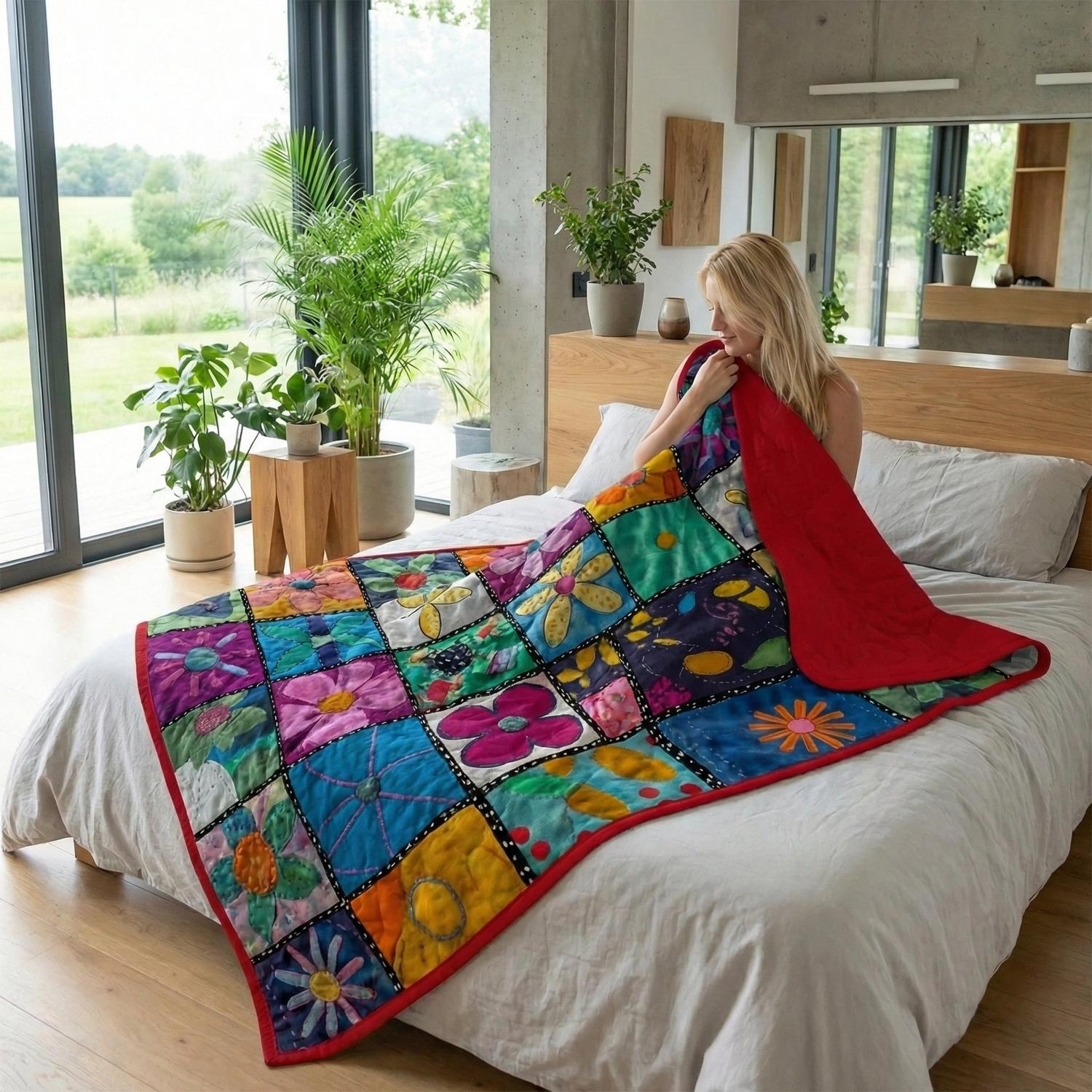 Multi Floral Printed Quilt Set