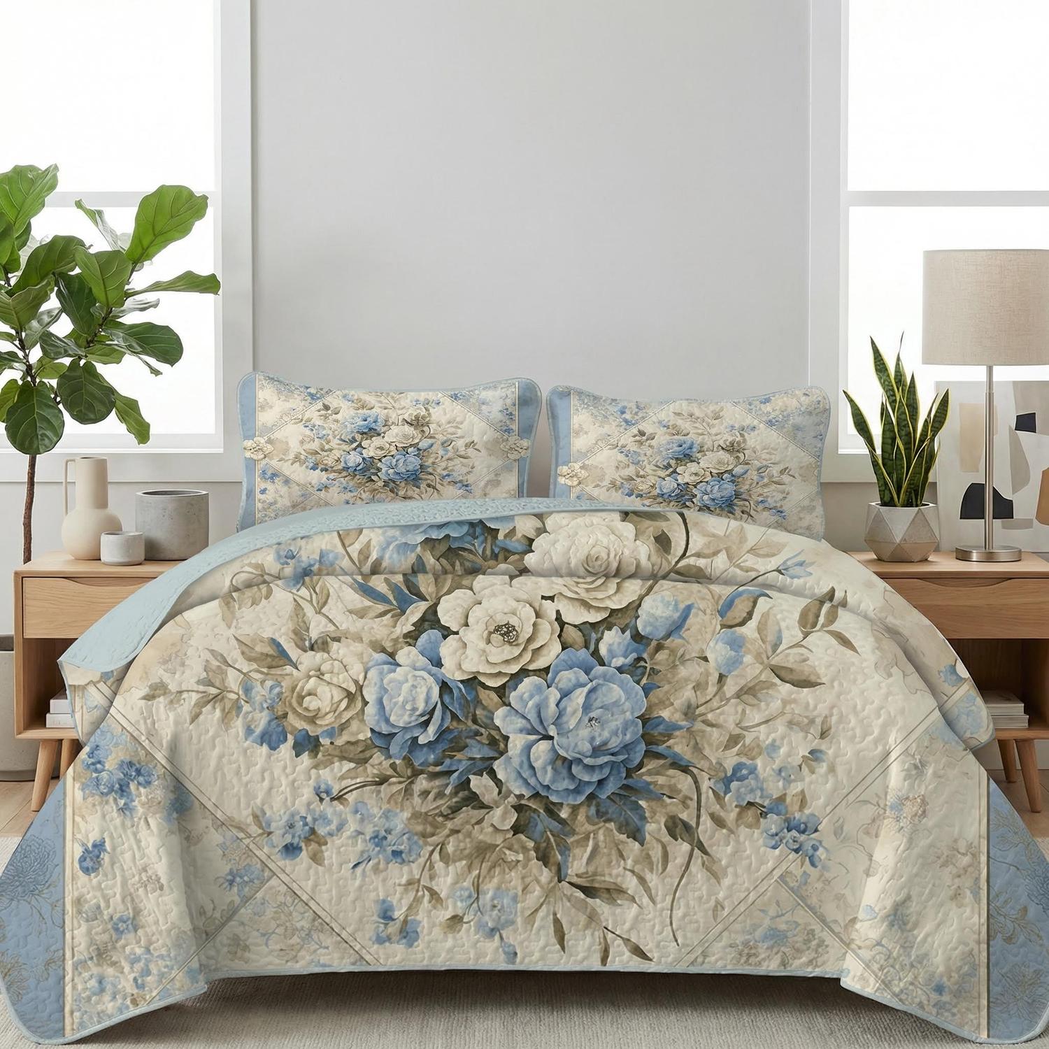 Ocean Blue Floral Printed Quilt Set