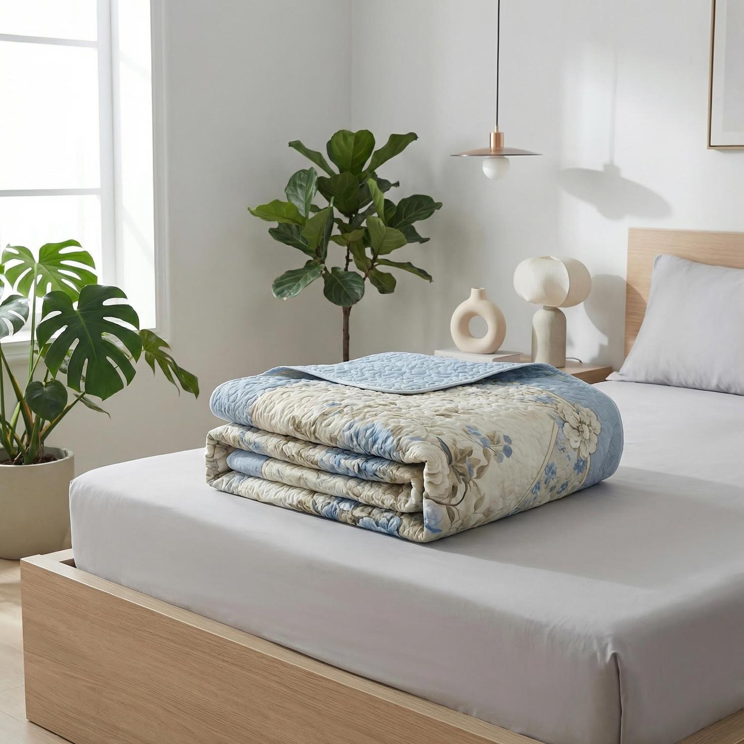 Ocean Blue Floral Printed Quilt Set