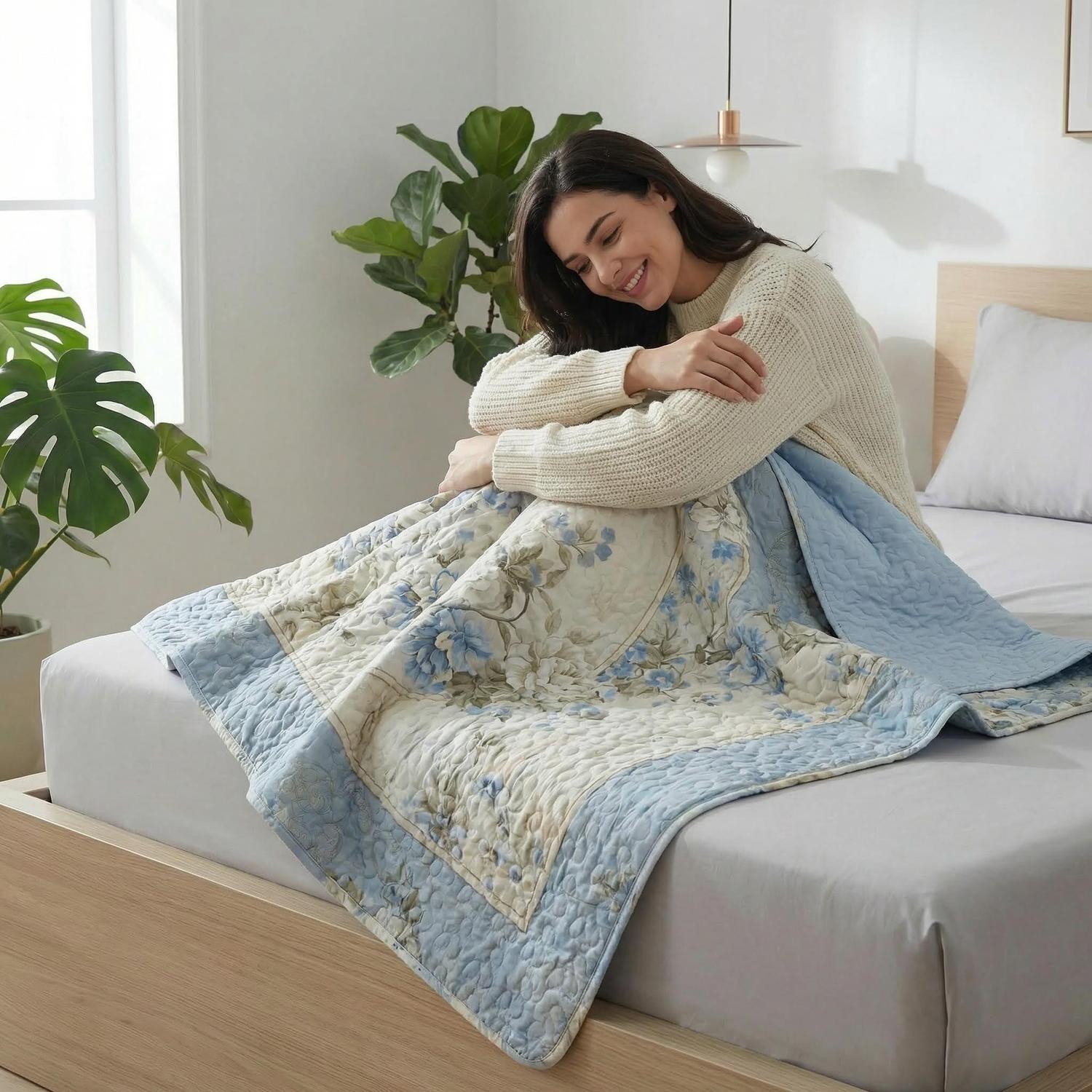 Ocean Blue Floral Printed Quilt Set