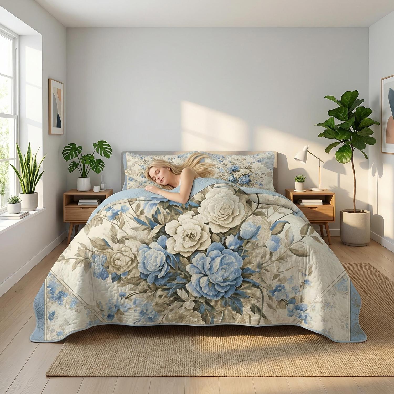 Ocean Blue Floral Printed Quilt Set