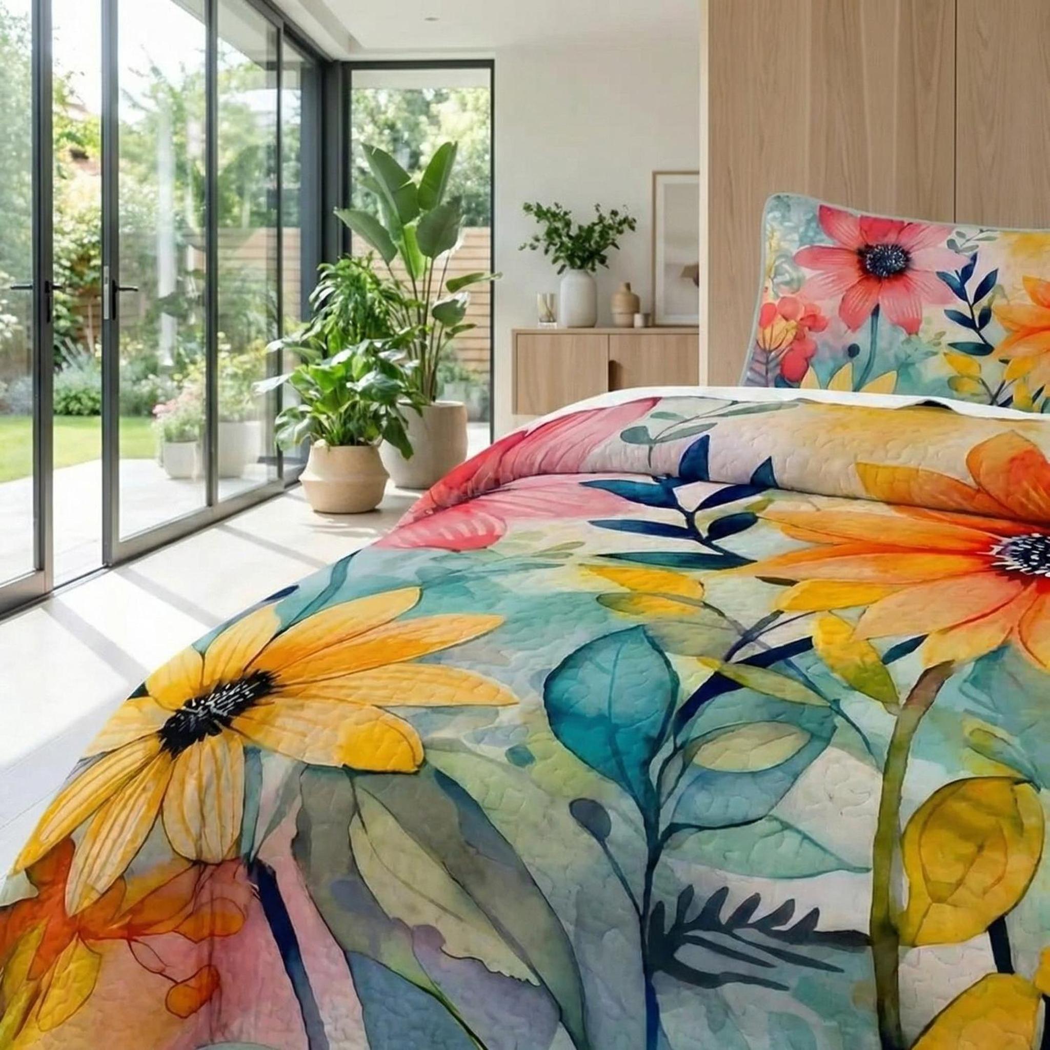 Vibrant sunflower printed quilt set with yellow, orange, and blue floral design on a bed in a bright room.