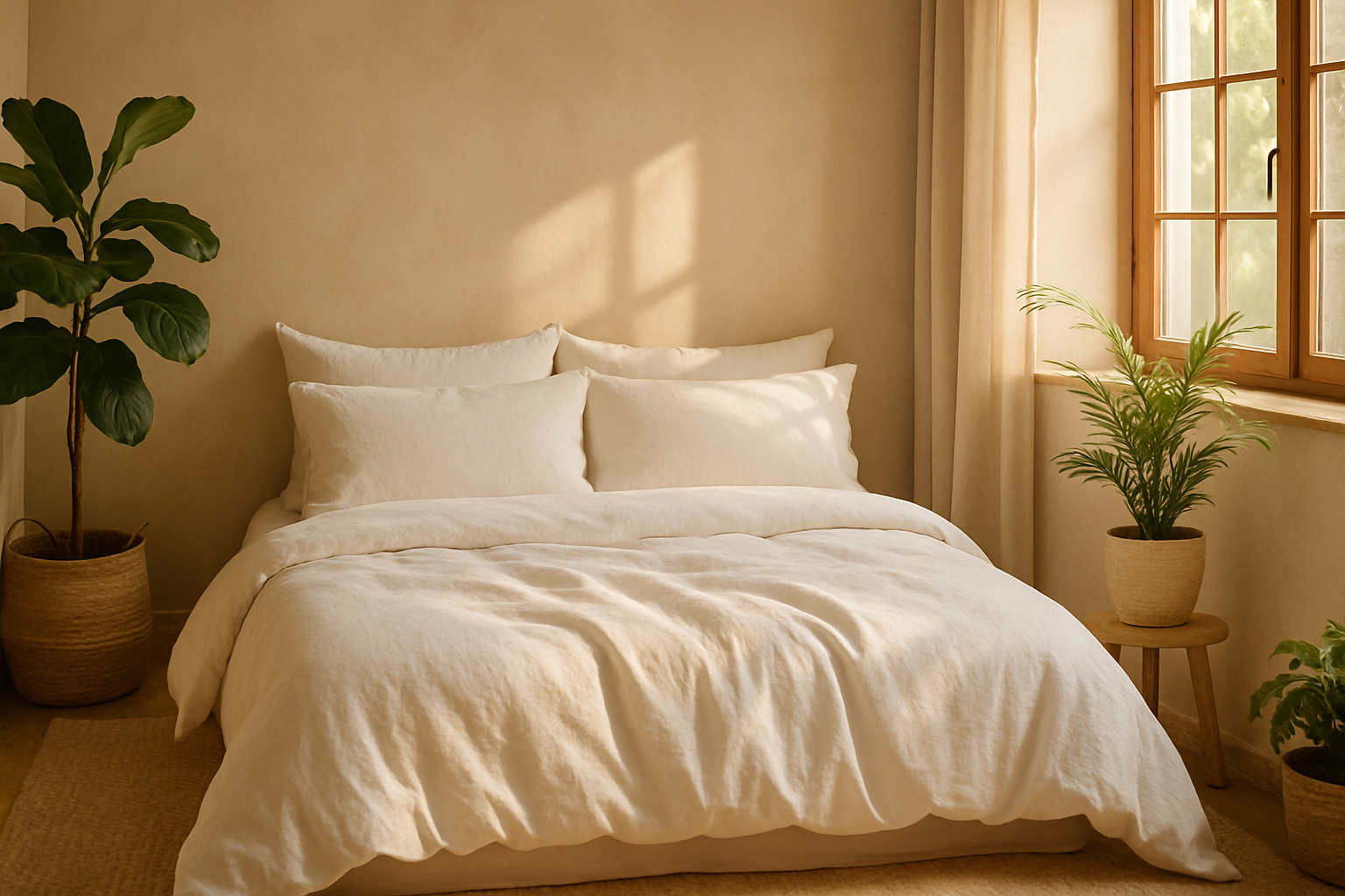 “Warm beige bedroom scene with white bedding, indoor plants on both sides, soft sunlight entering through a wooden window, cozy textures, and gentle natural shadows. Designed for a bedding website banner that conveys relaxation and warmth. Ultra-realistic, high quality, 16:9.”